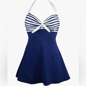 COCOSHIP Navy and White Striped Swimdress